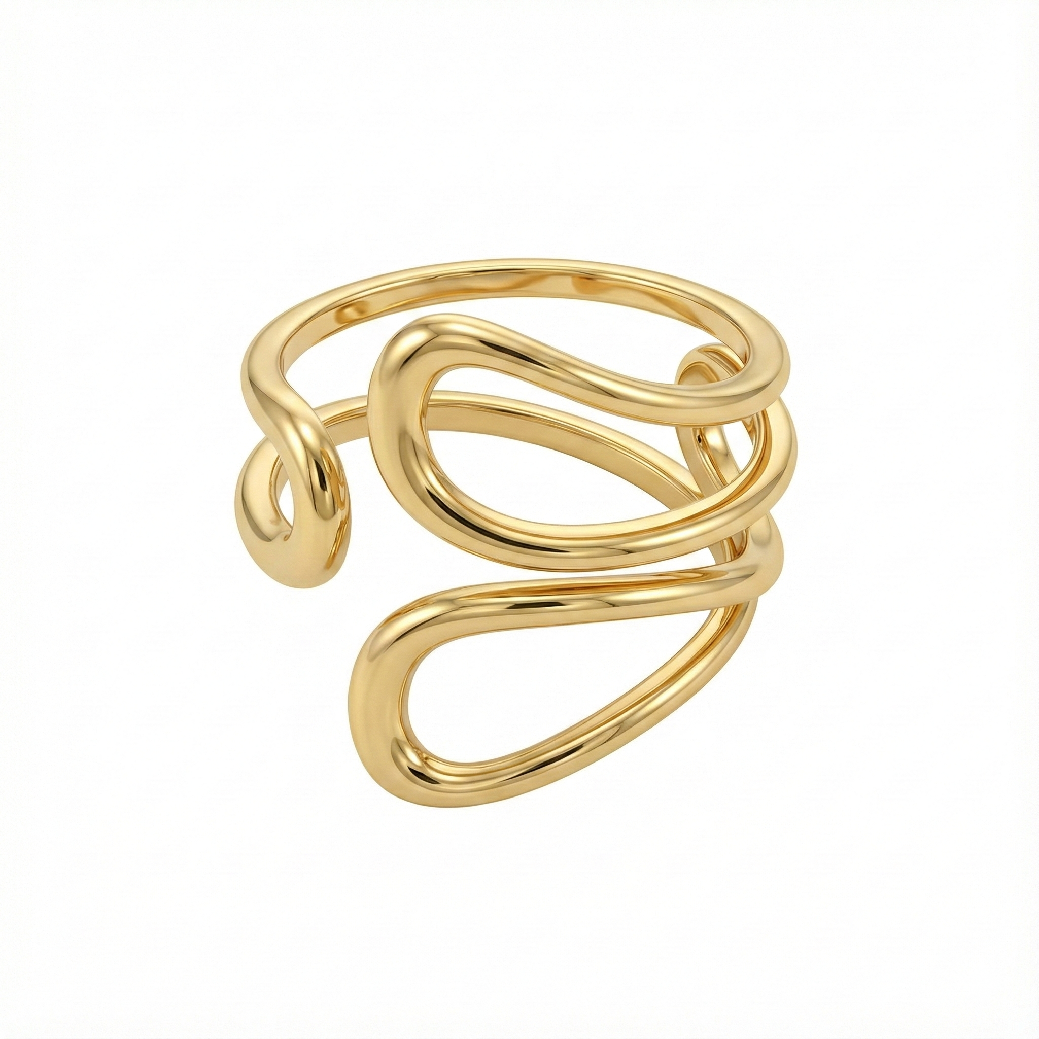 Bague dorée en acier inoxydable à forme ouverte sculpturale, design contemporain et ajustable